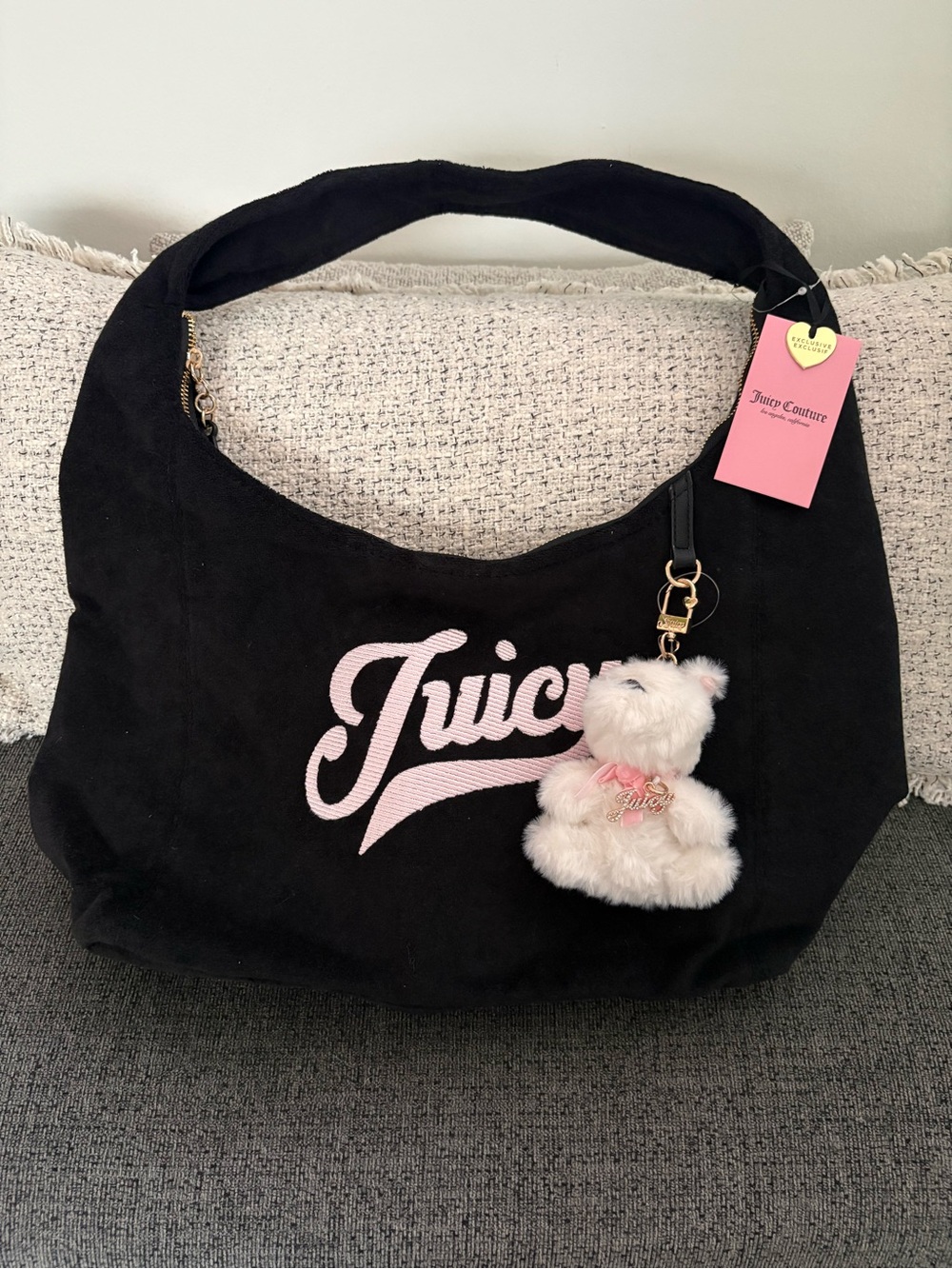 Juicy Couture Black Shoulder Bag with Pink Script Logo and Teddy Keychain - Picture 1 of 3